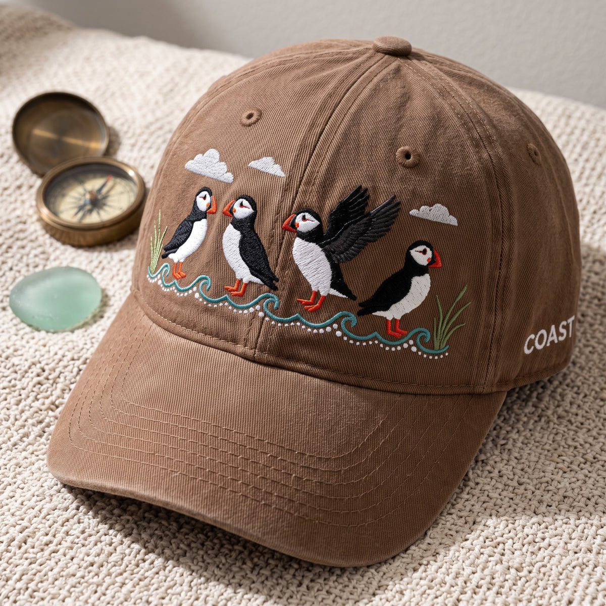 Four Puffins Coastal Waves Grass Clouds Bird Watching Embroidered Hat — Washed Hat