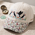 Four Puffins Coastal Waves Grass Clouds Bird Watching Embroidered Floral & Leopard Brim Hat