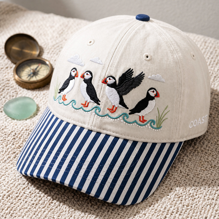 Four Puffins Coastal Waves Grass Clouds Bird Watching Embroidered Gingham & Stripe Brim Hat