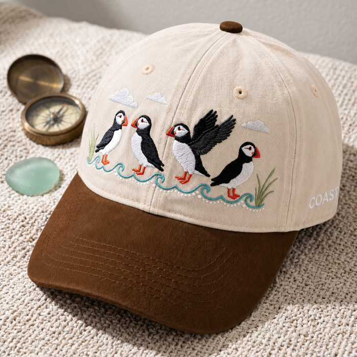 Four Puffins Coastal Waves Grass Clouds Bird Watching Embroidered Two-Tone Hat