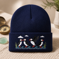 Four Puffins Coastal Waves Grass Clouds Bird Watching Embroidered Beanie