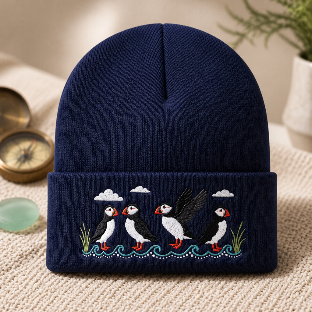 Four Puffins Coastal Waves Grass Clouds Bird Watching Embroidered Beanie