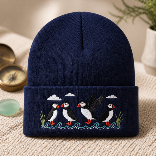 Four Puffins Coastal Waves Grass Clouds Bird Watching Embroidered Beanie