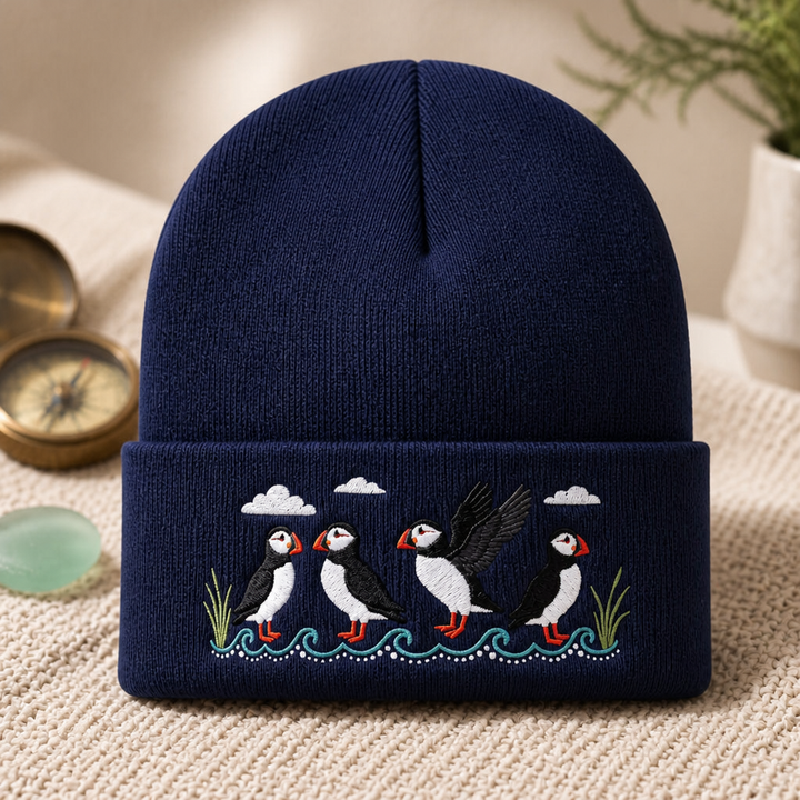 Four Puffins Coastal Waves Grass Clouds Bird Watching Embroidered Beanie