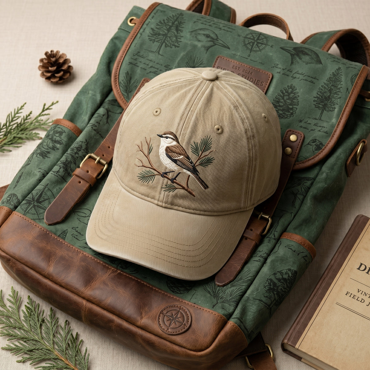 Bird on Pine Branch Nature Embroidered Hat — Baseball Cap