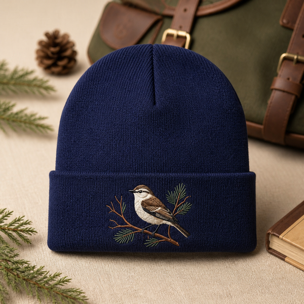 Bird on Pine Branch Nature Embroidered Beanie