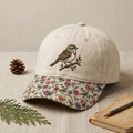 Sparrow Bird on Branch Nature Embroidered Floral & Leopard Brim Hat