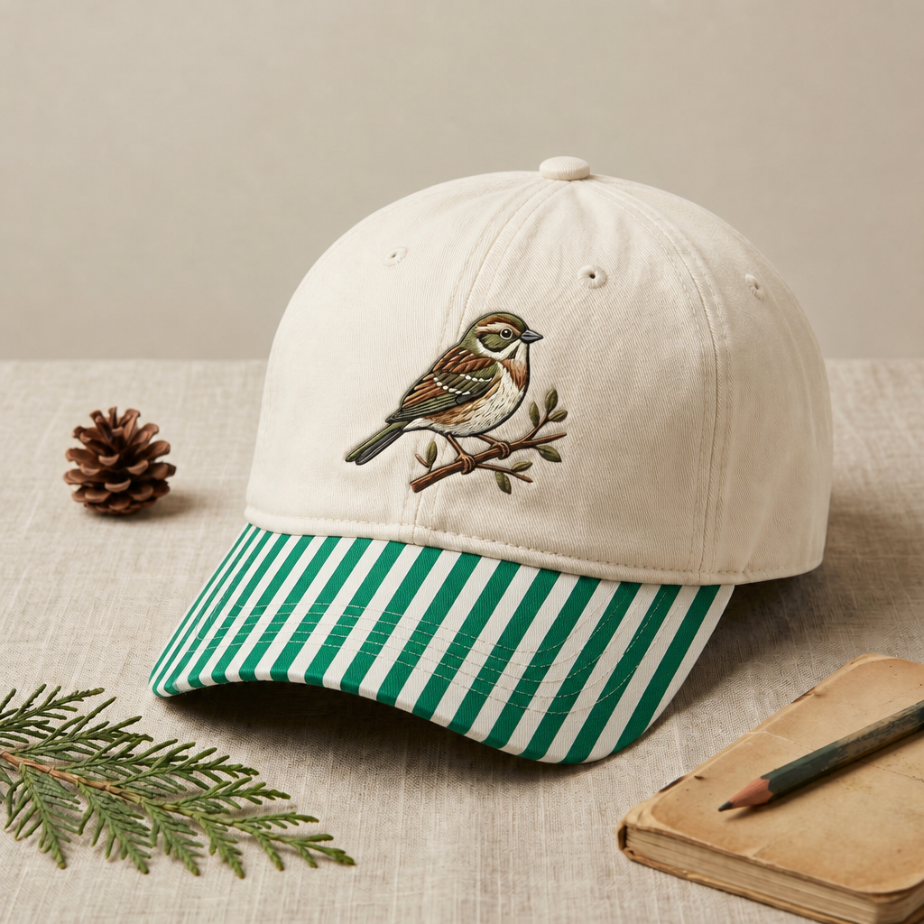 Sparrow Bird on Branch Nature Embroidered Gingham & Stripe Brim Hat