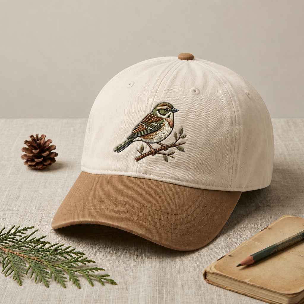 Sparrow Bird on Branch Nature Embroidered Two-Tone Hat
