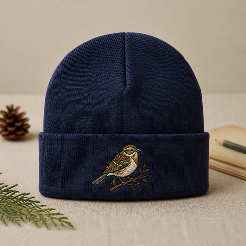 Sparrow Bird on Branch Nature Embroidered Beanie