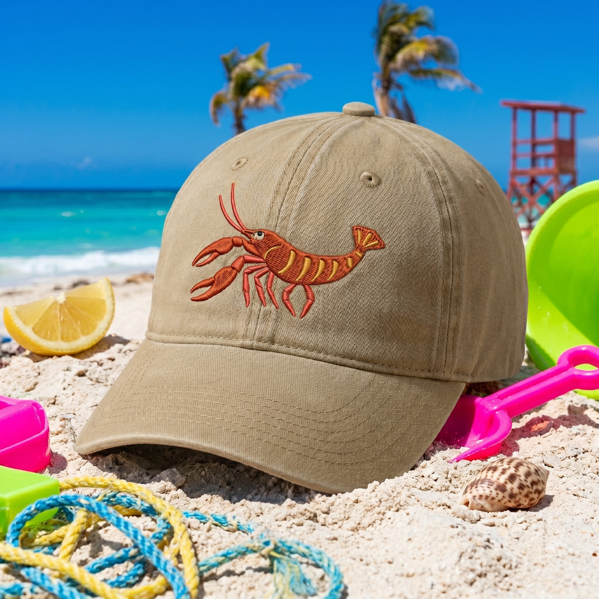 Crawfish Lobster Shrimp Beach Summer Seafood Embroidered Hat — Baseball Cap