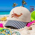 Crawfish Lobster Shrimp Beach Summer Seafood Embroidered Gingham & Stripe Brim Hat