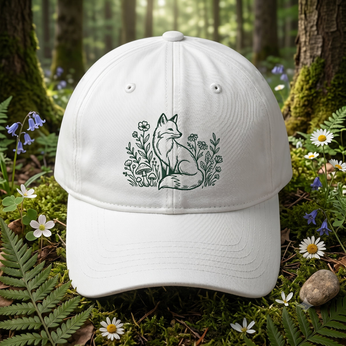 Fox Wildflowers Mushrooms Botanical Line Art Embroidered Hat — Baseball Cap