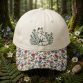 Fox Wildflowers Mushrooms Botanical Line Art Embroidered Floral & Leopard Brim Hat