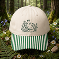 Fox Wildflowers Mushrooms Botanical Line Art Embroidered Gingham & Stripe Brim Hat