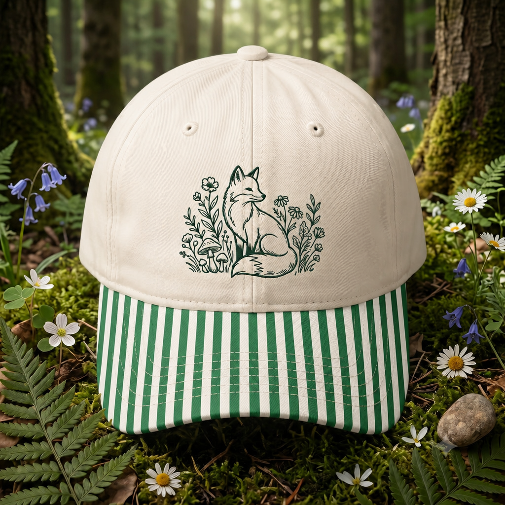 Fox Wildflowers Mushrooms Botanical Line Art Embroidered Gingham & Stripe Brim Hat