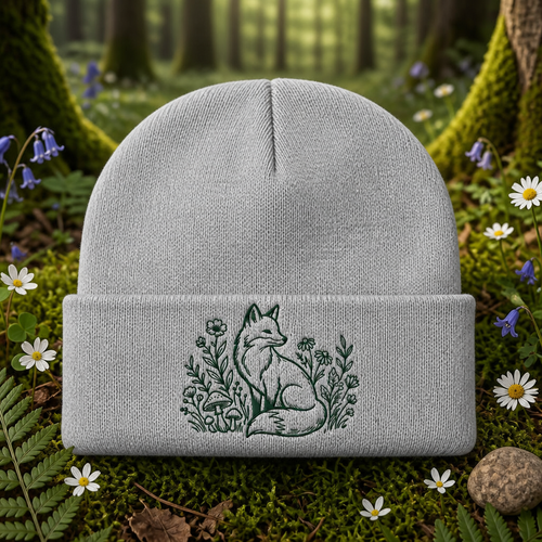 Fox Wildflowers Mushrooms Botanical Line Art Embroidered Beanie