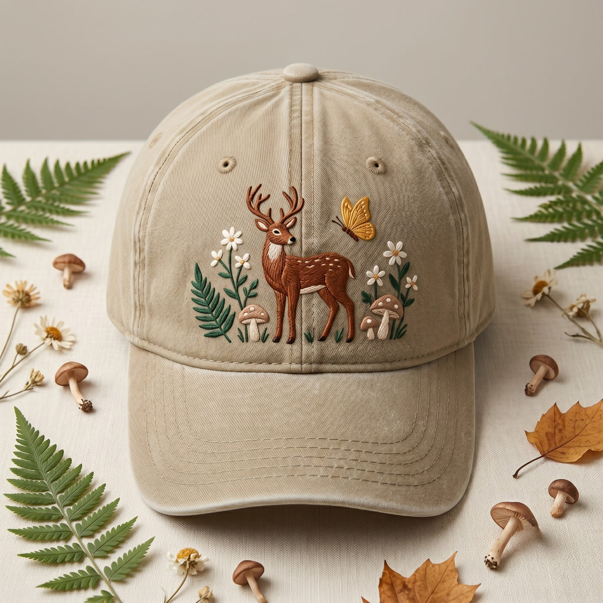 Deer Butterfly Mushrooms Wildflowers Botanical Cottagecore Embroidered Hat — Washed Hat