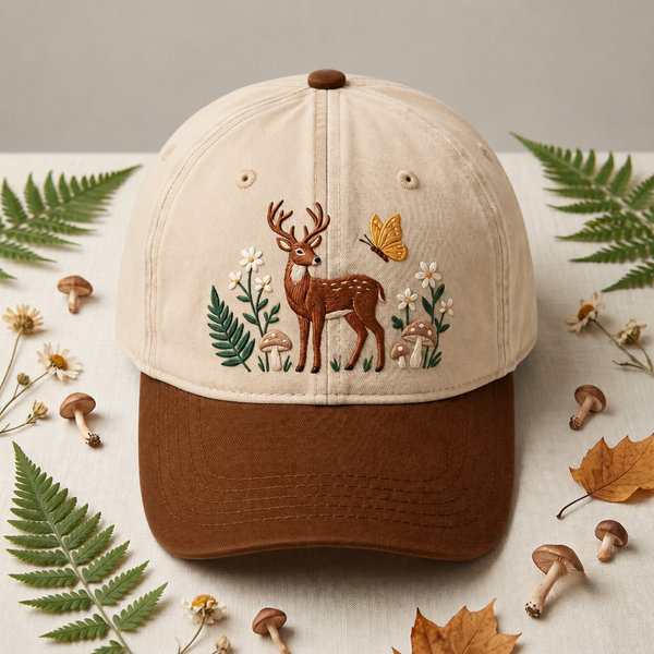 Deer Butterfly Mushrooms Wildflowers Botanical Cottagecore Embroidered Two-Tone Hat