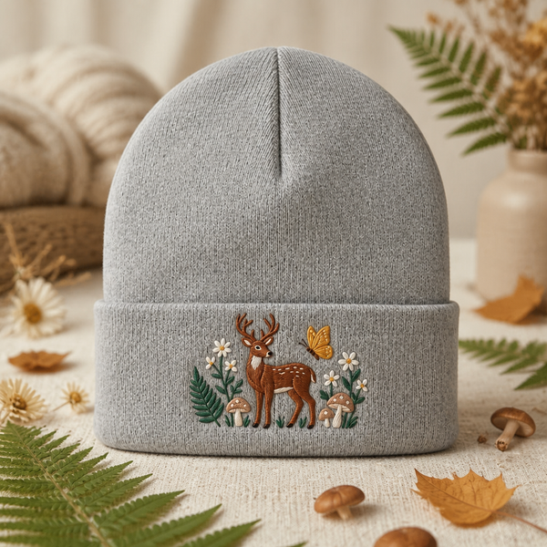 Deer Butterfly Mushrooms Wildflowers Botanical Cottagecore Embroidered Beanie