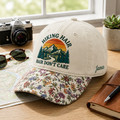 Personalized Hiking Hair Don't Care Mountain Sunset Retro Embroidered Floral & Leopard Brim Hat