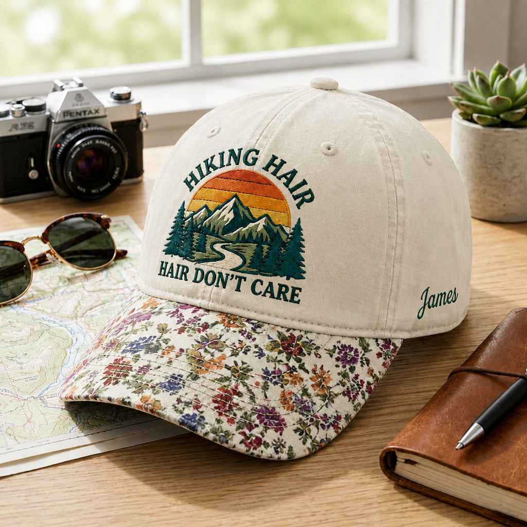 Personalized Hiking Hair Don't Care Mountain Sunset Retro Embroidered Floral & Leopard Brim Hat