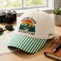 Personalized Hiking Hair Don't Care Mountain Sunset Retro Embroidered Gingham & Stripe Brim Hat