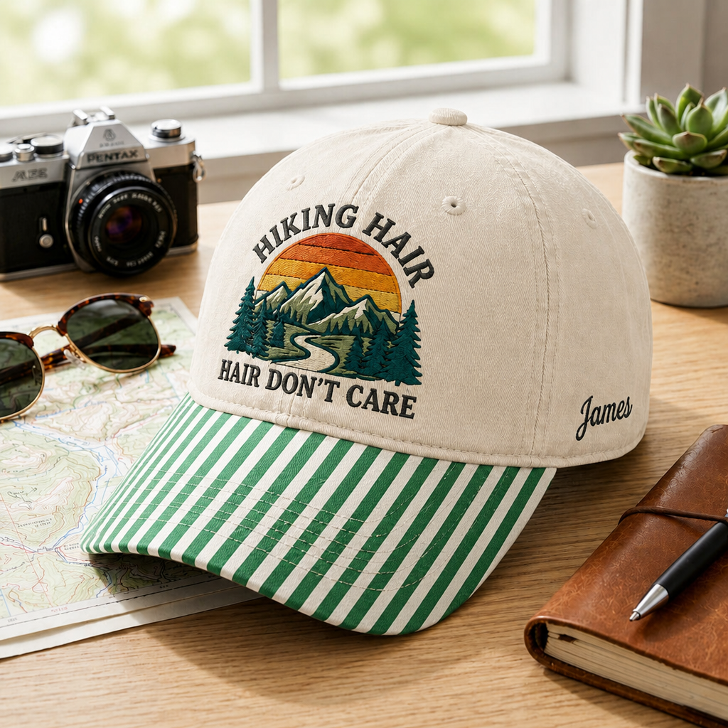 Personalized Hiking Hair Don't Care Mountain Sunset Retro Embroidered Gingham & Stripe Brim Hat