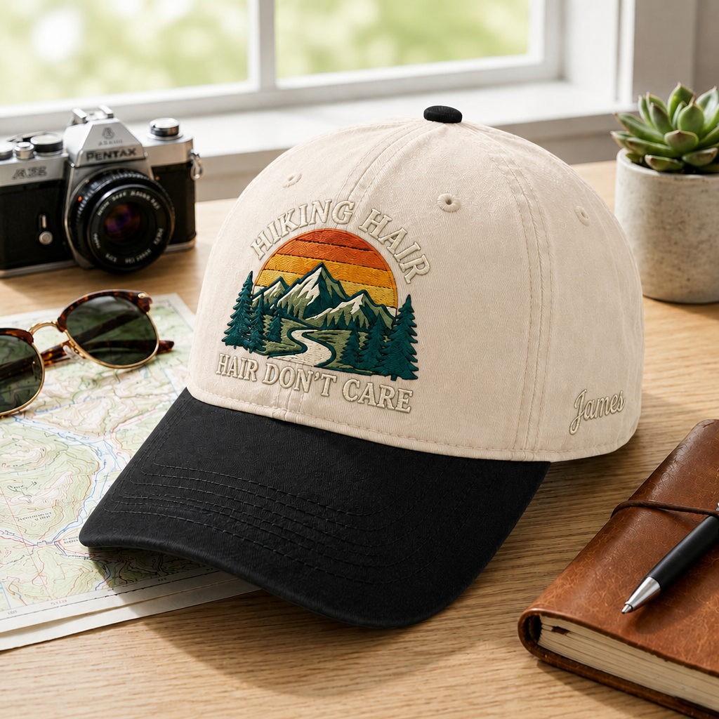 Personalized Hiking Hair Don't Care Mountain Sunset Retro Embroidered Two-Tone Hat