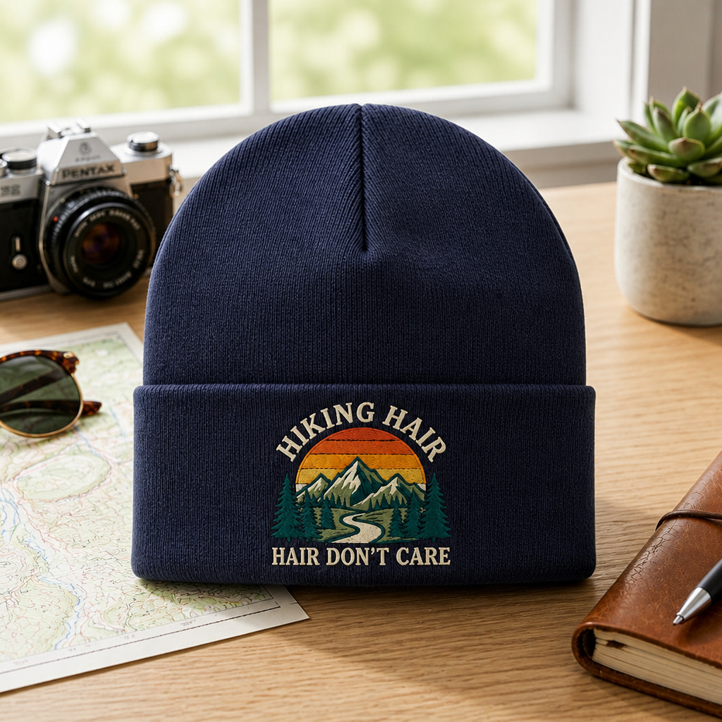 Personalized Hiking Hair Don't Care Mountain Sunset Retro Embroidered Beanie