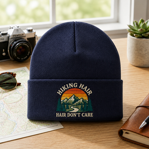 Personalized Hiking Hair Don't Care Mountain Sunset Retro Embroidered Beanie