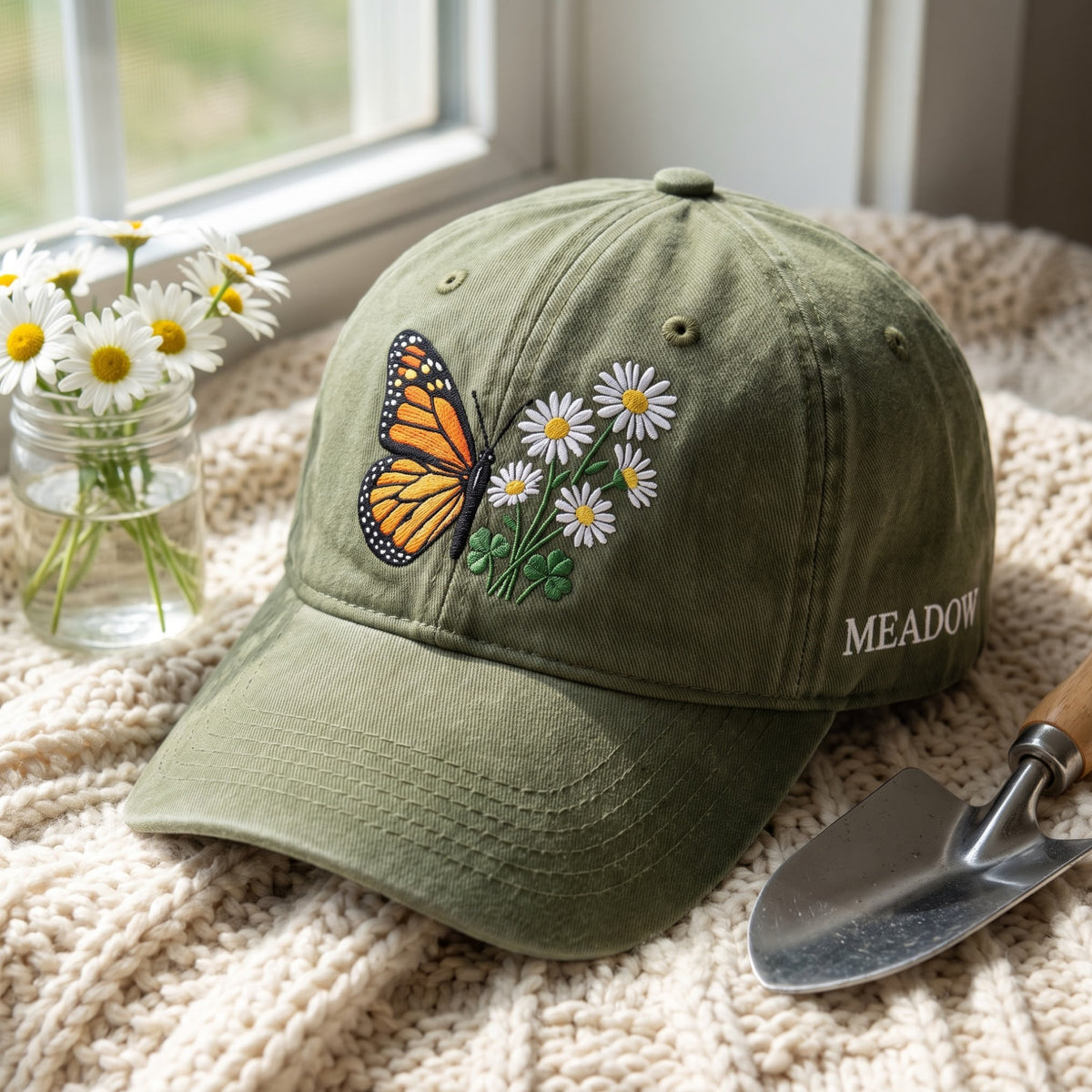 Personalized Monarch Butterfly Daisy Wildflower Garden Embroidered Hat — Baseball Cap