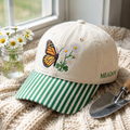 Personalized Monarch Butterfly Daisy Wildflower Garden Embroidered Gingham & Stripe Brim Hat