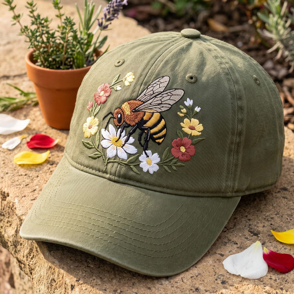 Honey Bee Wildflowers Floral Garden Embroidered Hat — Baseball Cap