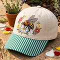Honey Bee Wildflowers Floral Garden Embroidered Gingham & Stripe Brim Hat