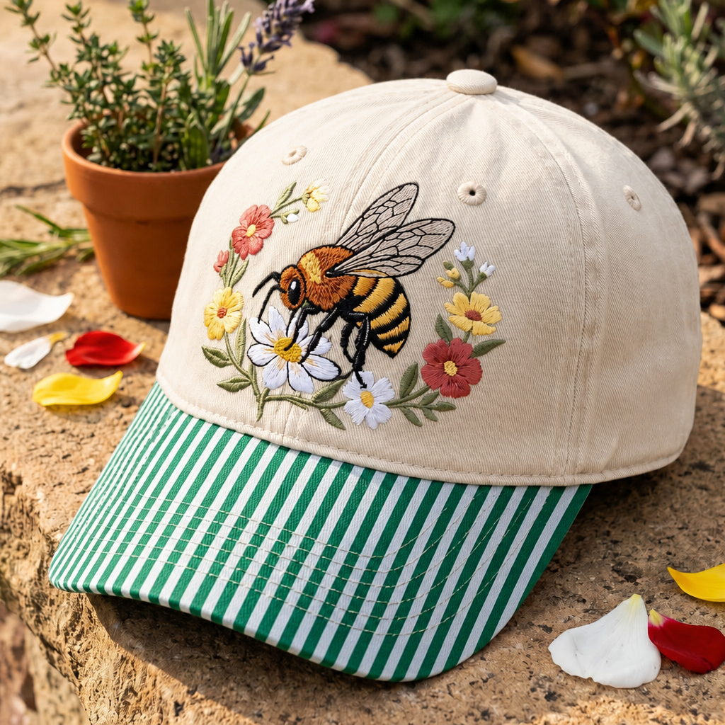 Honey Bee Wildflowers Floral Garden Embroidered Gingham & Stripe Brim Hat