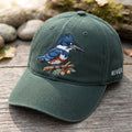 Personalized Belted Kingfisher Bird On Branch Acorn Embroidered Hat — Washed Hat