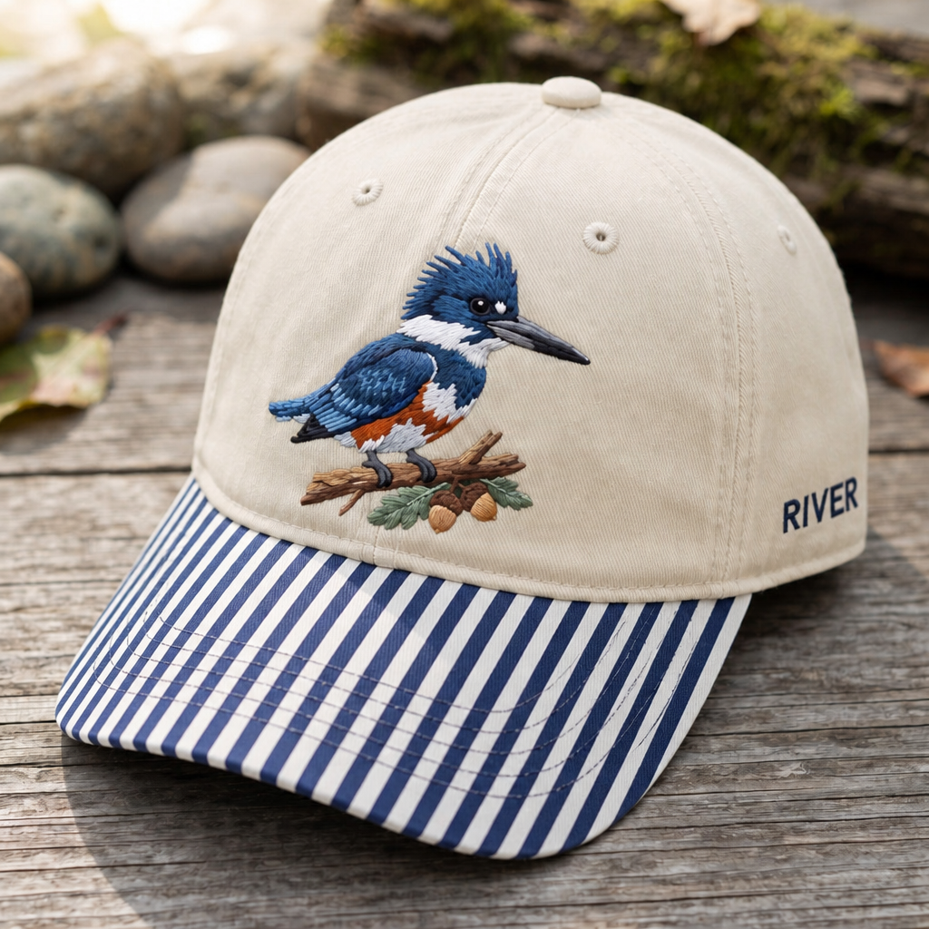 Personalized Belted Kingfisher Bird On Branch Acorn Embroidered Gingham & Stripe Brim Hat