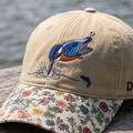 Kingfisher Diving Into Water Fish Silhouette Embroidered Floral & Leopard Brim Hat