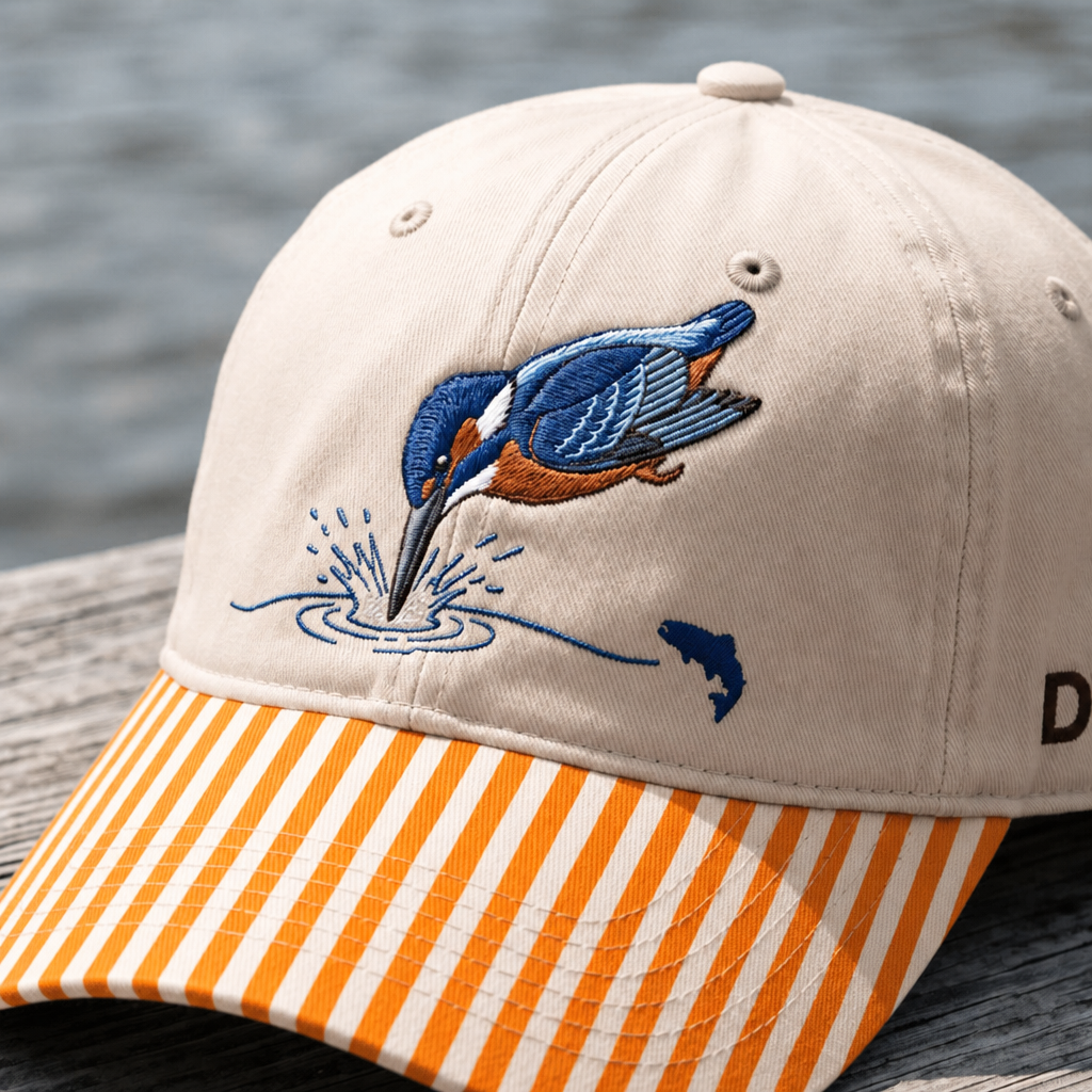 Kingfisher Diving Into Water Fish Silhouette Embroidered Gingham & Stripe Brim Hat