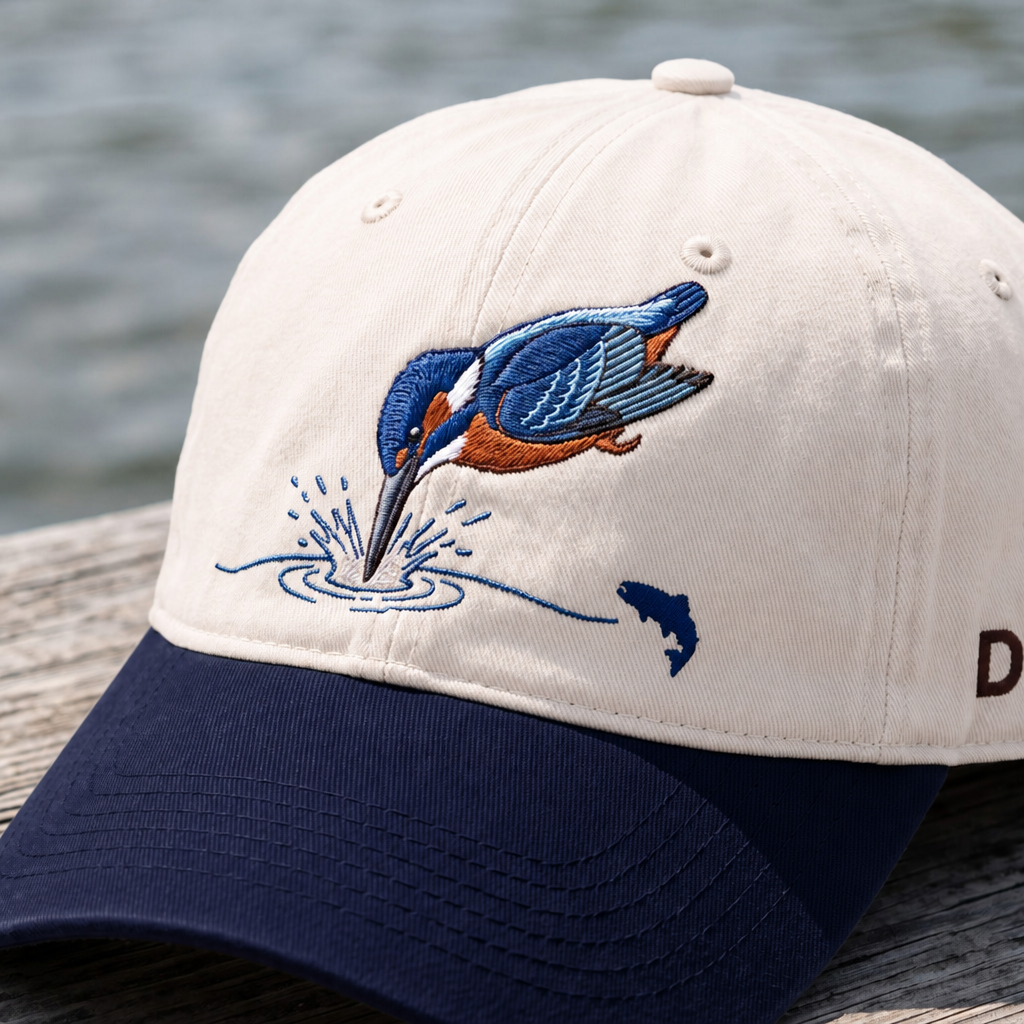 Kingfisher Diving Into Water Fish Silhouette Embroidered Two-Tone Hat