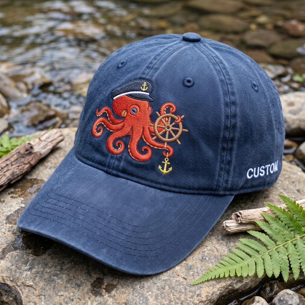 Personalized Captain Octopus Ship Wheel Anchor Nautical Embroidered Hat — Washed Hat