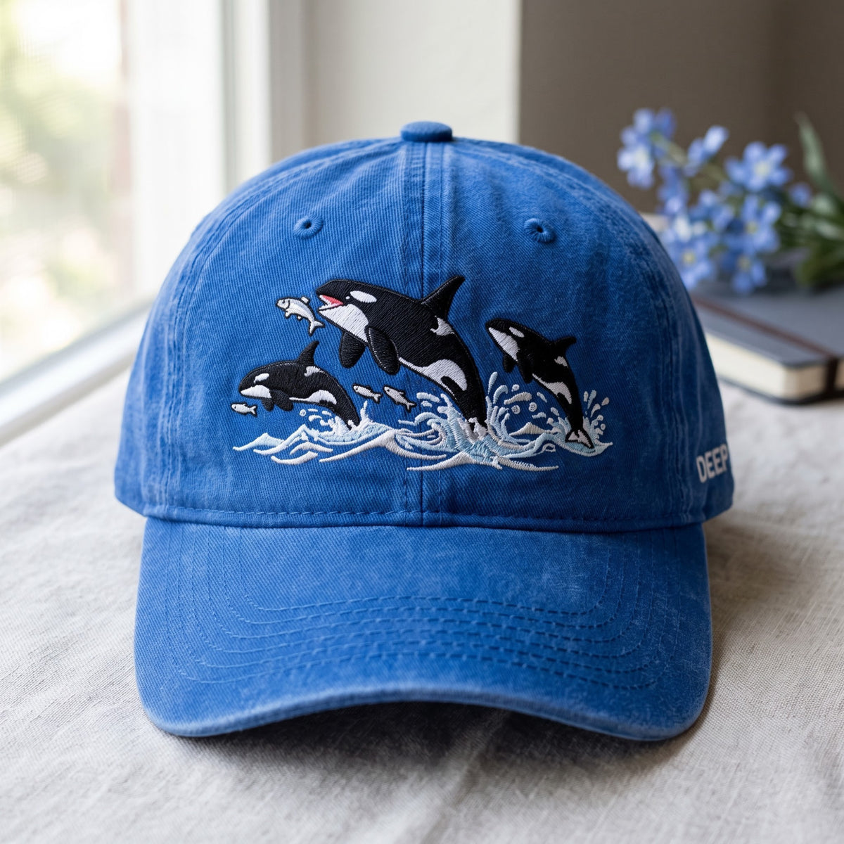 Orca Whales Jumping Ocean Waves Fish Embroidered Hat — Washed Hat