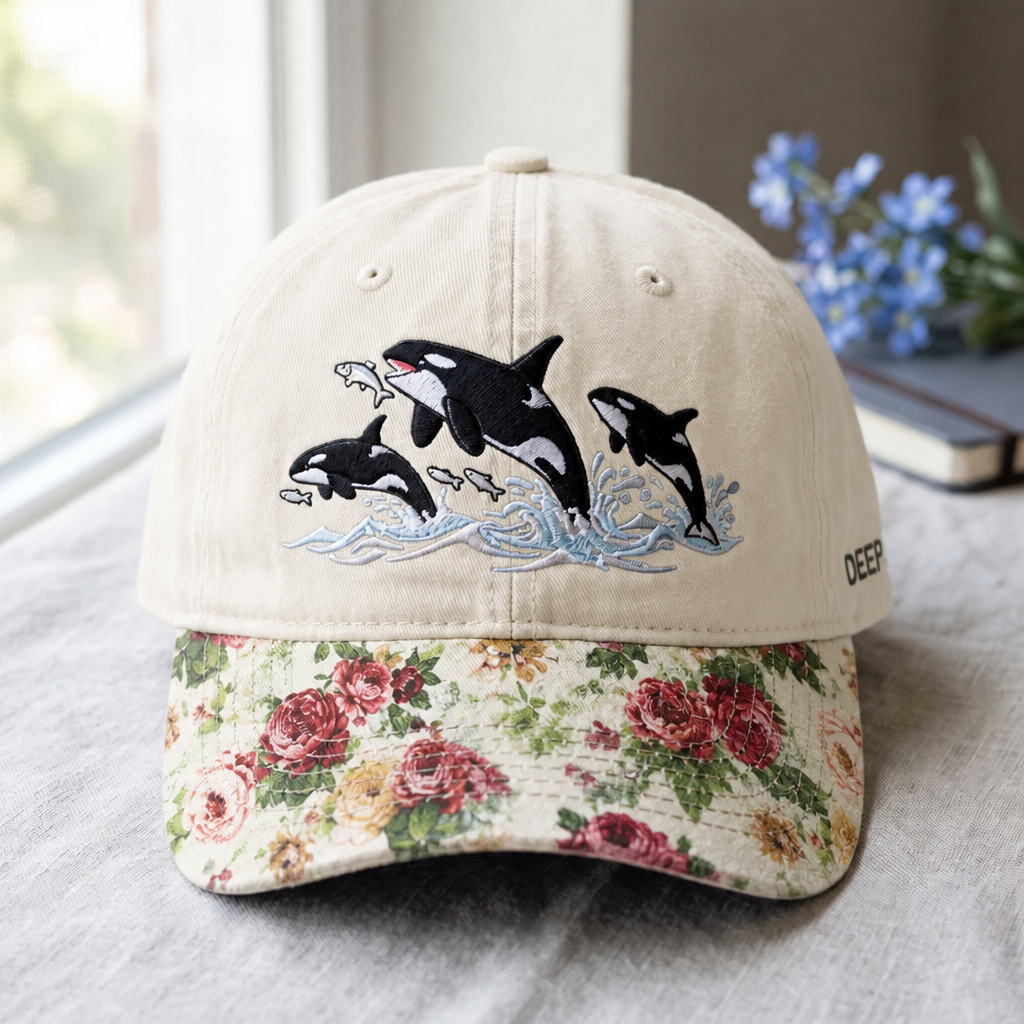 Orca Whales Jumping Ocean Waves Fish Embroidered Floral & Leopard Brim Hat