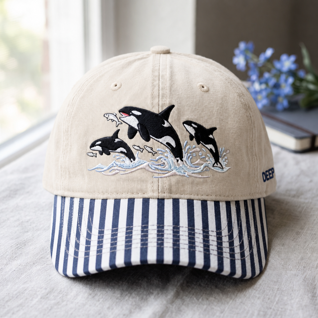 Orca Whales Jumping Ocean Waves Fish Embroidered Gingham & Stripe Brim Hat
