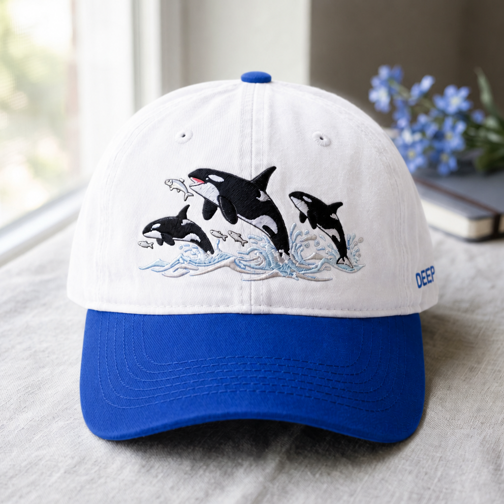 Orca Whales Jumping Ocean Waves Fish Embroidered Two-Tone Hat