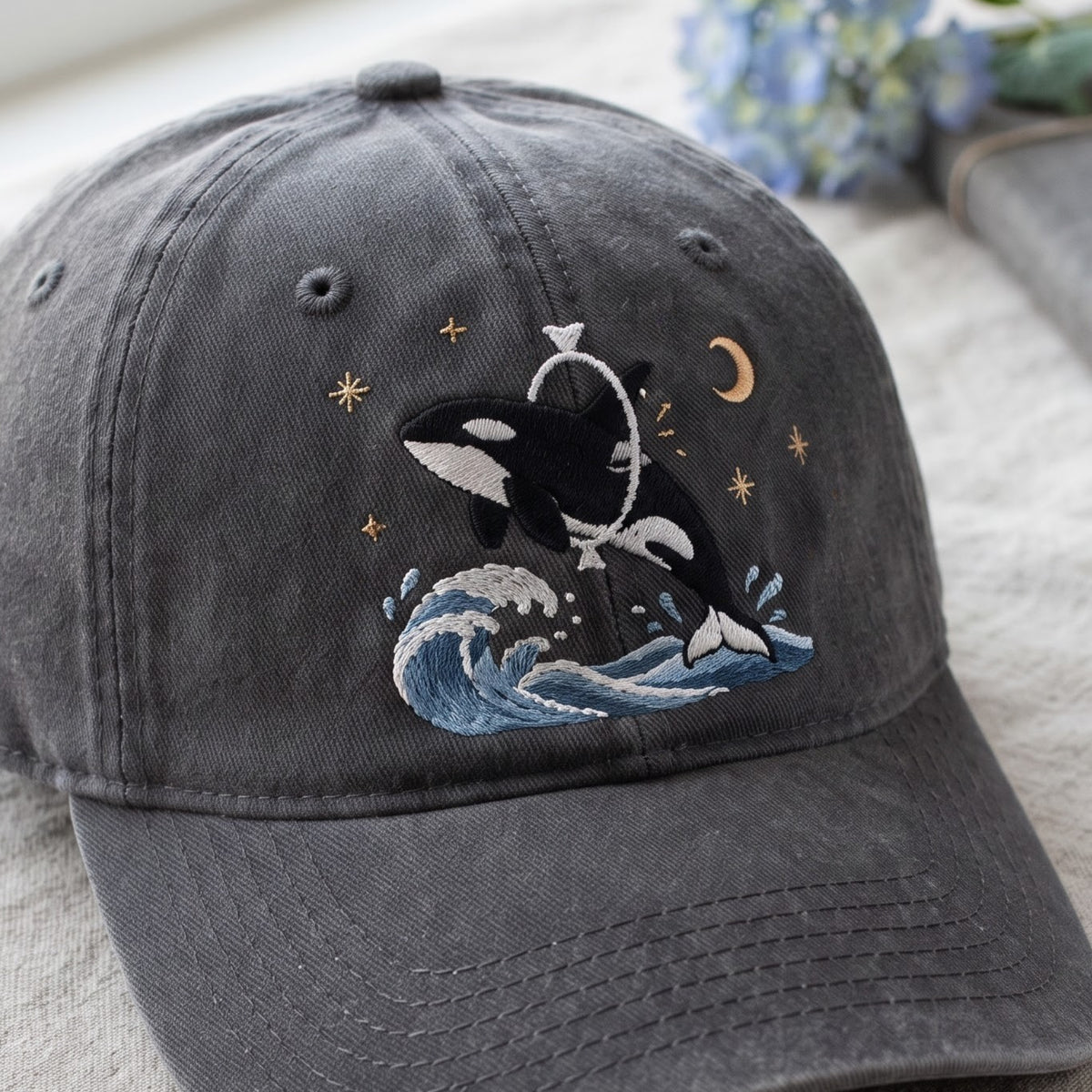Orca Whale Jumping Ocean Wave Moon Stars Celestial Night Embroidered Hat — Washed Hat