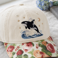 Orca Whale Jumping Ocean Wave Moon Stars Celestial Night Embroidered Floral & Leopard Brim Hat