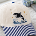 Orca Whale Jumping Ocean Wave Moon Stars Celestial Night Embroidered Gingham & Stripe Brim Hat