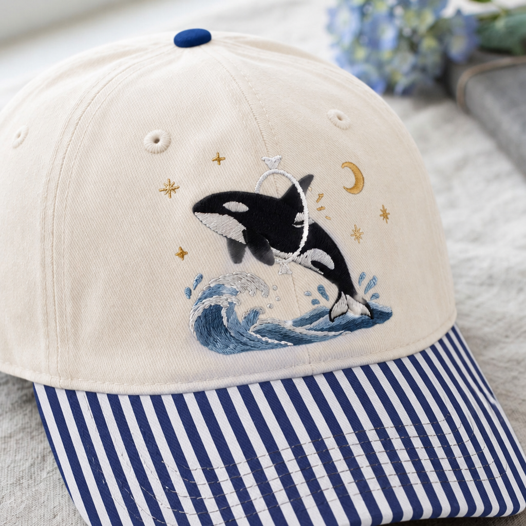Orca Whale Jumping Ocean Wave Moon Stars Celestial Night Embroidered Gingham & Stripe Brim Hat